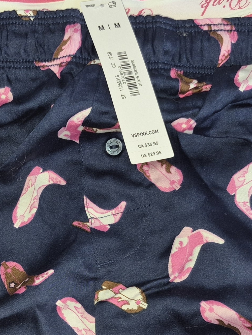 *NEW* Victoria Secret Navy Satin Boxer Shorts with Pink Western Boot Print